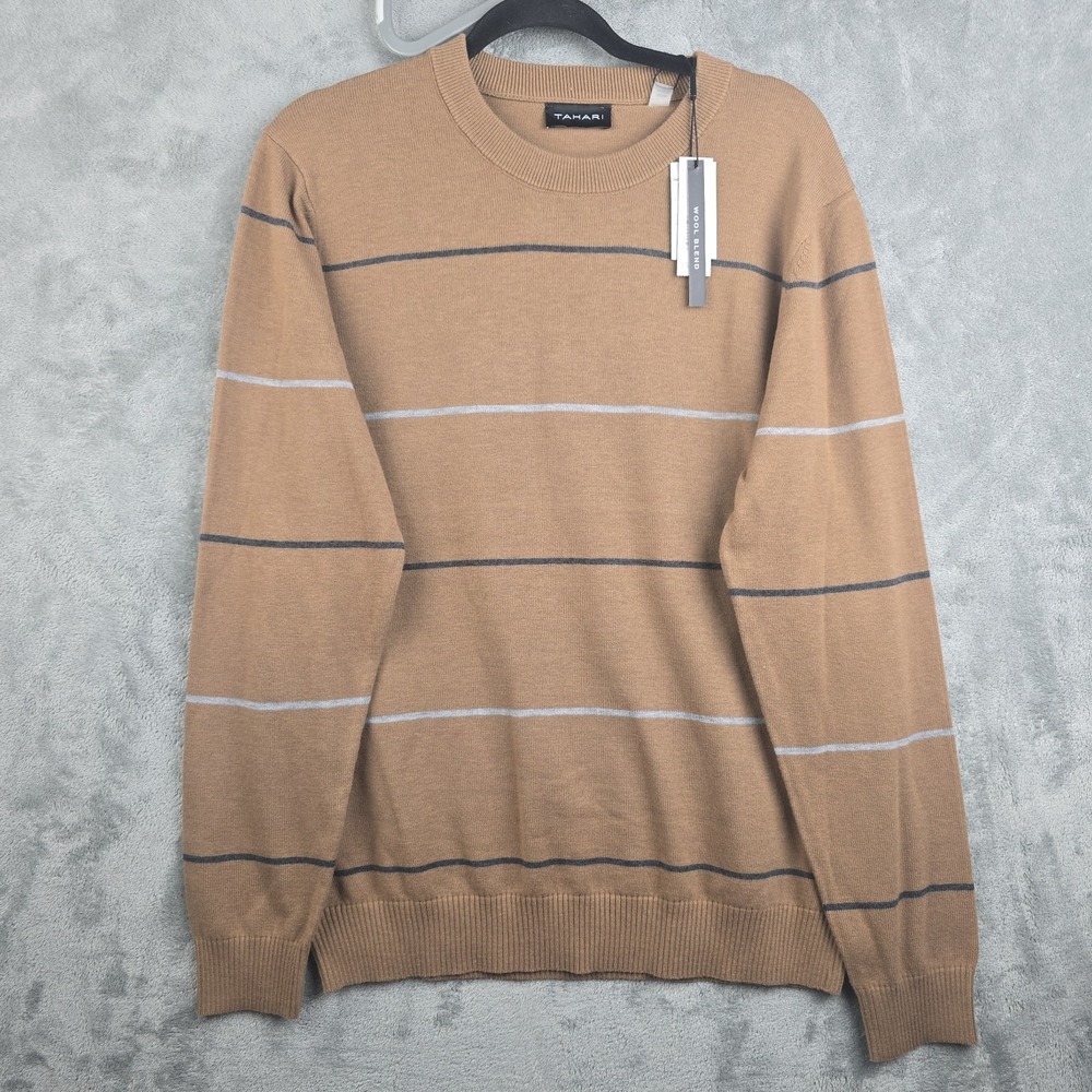 Tahari Crewneck Wool Blend‎ Sweater Mens Size Medium Brown Striped Soft NWT